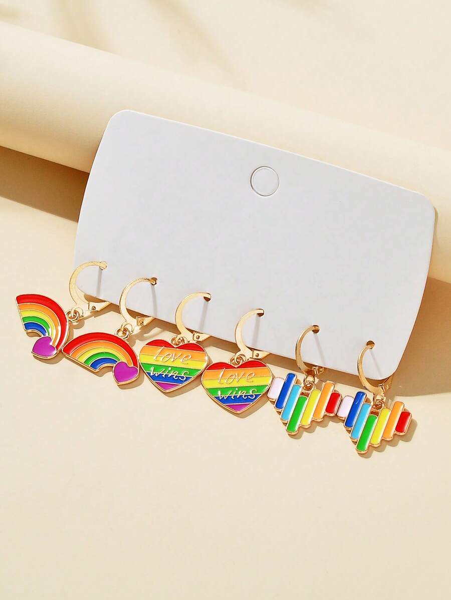 3對/套LGBT時尚鋅合金彩虹和心形耳墜適合女士適用於禮品 - 彩色 - 查看 1