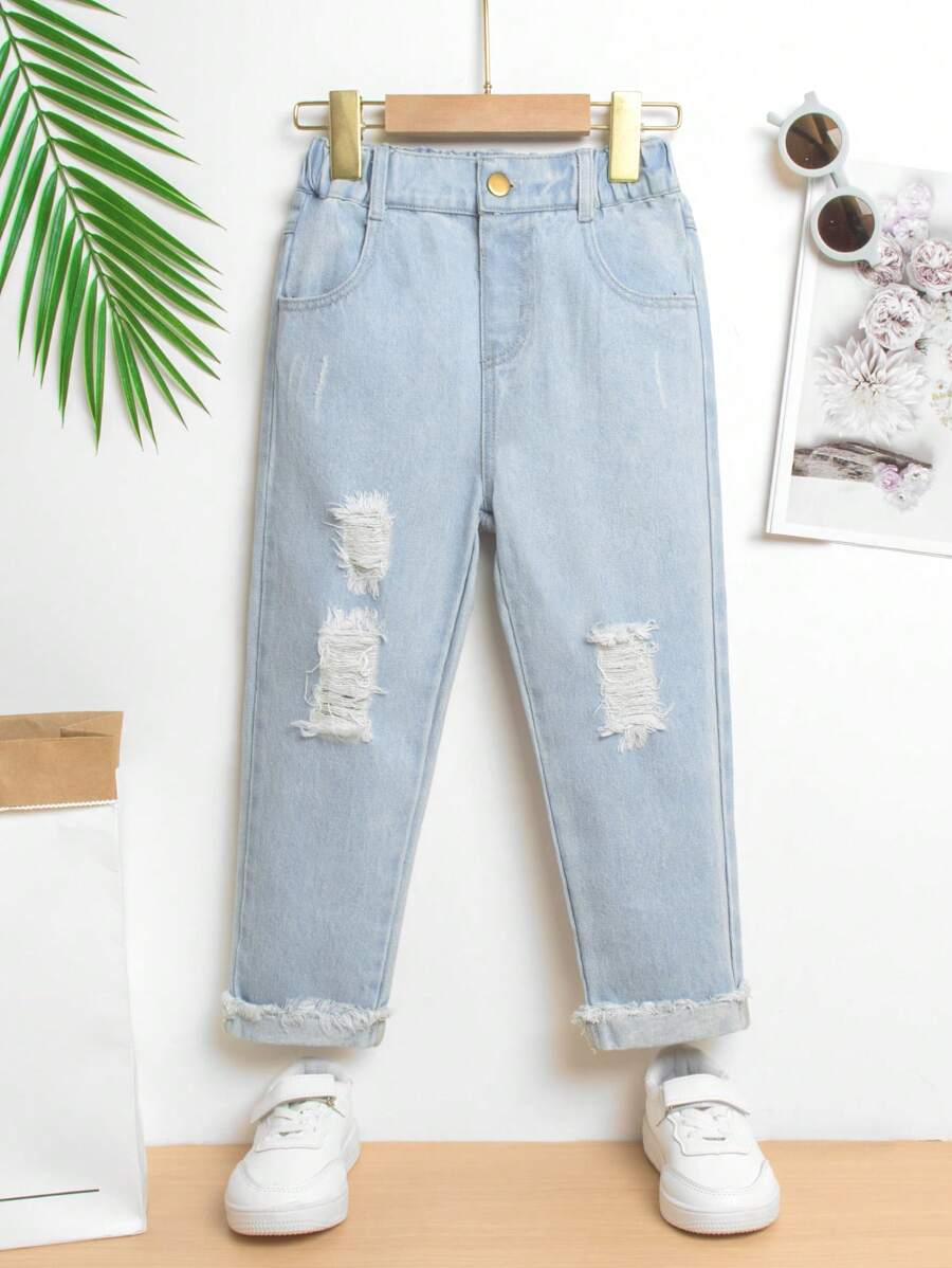 Toddler Girls Ripped Frayed Raw Hem Jeans - Light Wash - View 1