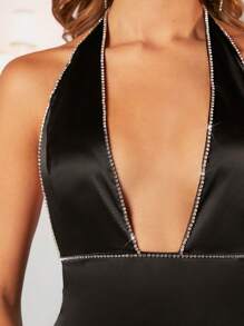 SHEIN BAE Đầm Lộ Lưng Pha lê kim cương Chia Buộc lại Dây kéo màu trơn Gợi cảm - màu đen - Xem 8