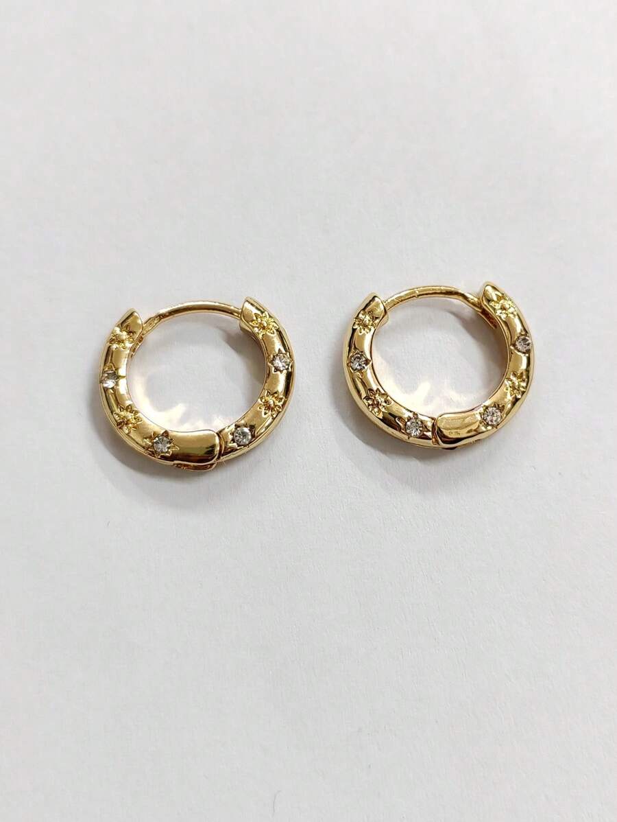 1pair Fashion Zinc Alloy Rhinestone Decor Hoop Earrings For Women For Daily Decoration - Gold - View 1