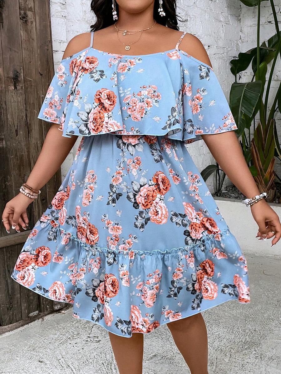 SHEIN Holidaya 大碼印花挖肩荷葉邊洋裝 - 藍色 - 查看 1