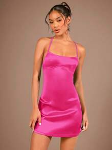 SHEIN BAE Lace Up Backless Satin Cami Dress - Hot Pink - View 2
