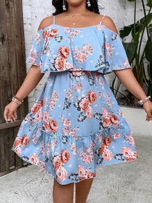 SHEIN Holidaya 大碼印花挖肩荷葉邊洋裝 - 藍色 - 查看 6