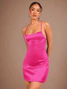 SHEIN BAE Lace Up Backless Satin Cami Dress - Hot Pink - View 5
