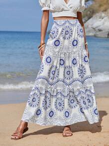 Breezaya Váy nữ Viên lá sen Hoa Tất cả trên in Boho - Xanh và trắng - Xem 1