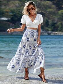 Breezaya Váy nữ Viên lá sen Hoa Tất cả trên in Boho - Xanh và trắng - Xem 3