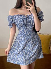 DAZY Rochie cu imprimeu floral Bardot și volane, cu noduri în față, rochie Milkmaid, rochie de vară cu umeri goi