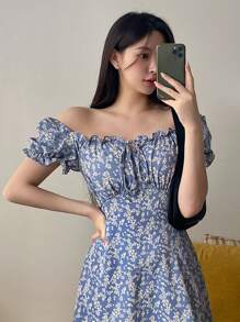 DAZY Rochie cu imprimeu floral Bardot și volane, cu noduri în față, rochie Milkmaid, rochie de vară cu umeri goi