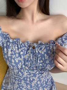 DAZY Rochie cu imprimeu floral Bardot și volane, cu noduri în față, rochie Milkmaid, rochie de vară cu umeri goi