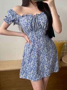 DAZY Rochie cu imprimeu floral Bardot și volane, cu noduri în față, rochie Milkmaid, rochie de vară cu umeri goi