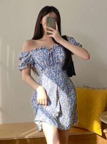 DAZY Rochie cu imprimeu floral Bardot și volane, cu noduri în față, rochie Milkmaid, rochie de vară cu umeri goi