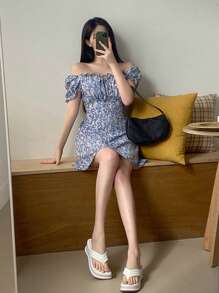 DAZY Rochie cu imprimeu floral Bardot și volane, cu noduri în față, rochie Milkmaid, rochie de vară cu umeri goi