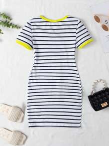 SHEIN Girls Striped Print Contrast Binding Dress
