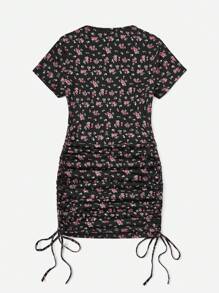 SHEIN Qutie Đầm Dây kéo Thắt nút Xù Họa tiết hoa Boho - Nhiều màu - Xem 2
