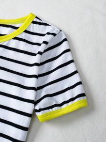 SHEIN Girls Striped Print Contrast Binding Dress