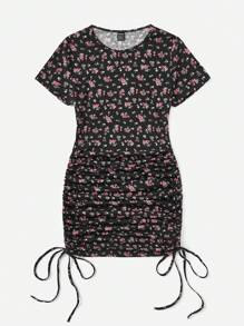 SHEIN Qutie Đầm Dây kéo Thắt nút Xù Họa tiết hoa Boho - Nhiều màu - Xem 5
