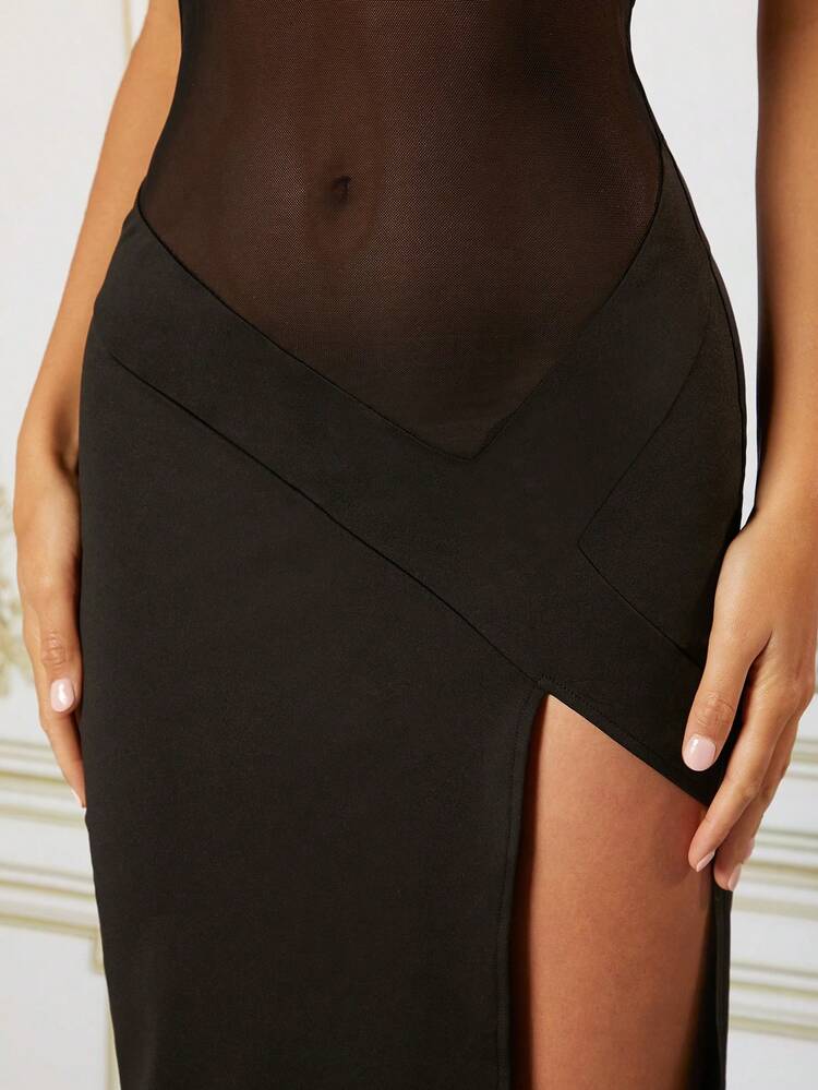 SHEIN BAE Đầm Tương phản Mesh Hội Chữ thập cắt Tách cao màu trơn Gợi cảm - màu đen - Xem 5