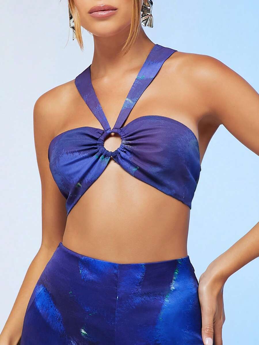 SHEIN BAE O-ring Detail Tie Backless Crop Halter Top - Blue - View 1