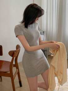 DAZY Solid Round Neck Bodycon Dress - Grey - View 3