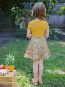 SHEIN Bộ thời trang bé gái Bất đối xứng Viên lá sen Gân đan Họa tiết hoa Boho - Nhiều màu - Xem 2