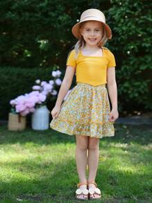 SHEIN Bộ thời trang bé gái Bất đối xứng Viên lá sen Gân đan Họa tiết hoa Boho - Nhiều màu - Xem 4