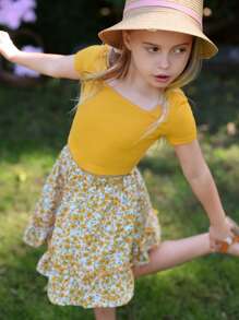 SHEIN Bộ thời trang bé gái Bất đối xứng Viên lá sen Gân đan Họa tiết hoa Boho - Nhiều màu - Xem 6