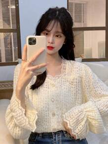 Blusa unicolor ribete con encaje de manga con volante - Albaricoque - Ver 1