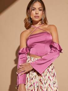 SHEIN BAE Top crop con tira cruzada de espalda abierta con cordón ribete con fruncido - Rosa - Ver 4