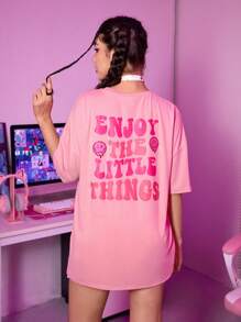 ROMWE Street Life Slogan Cartoon Graphic Oversized Tee - Pink - View 1