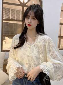 Blusa unicolor ribete con encaje de manga con volante - Albaricoque - Ver 4