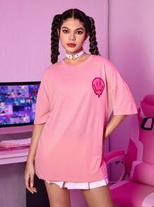 ROMWE Street Life Slogan Cartoon Graphic Oversized Tee - Pink - View 2