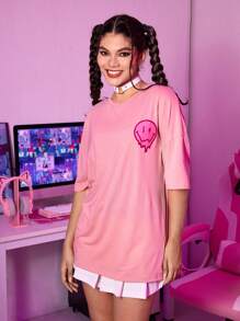 ROMWE Street Life Slogan Cartoon Graphic Oversized Tee - Pink - View 3