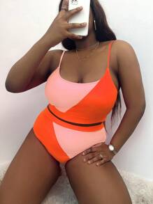 SHEIN Swim Curve 夏季海滩加大码双色比基尼套装无线文胸上衣和高腰比基尼下装两件套泳衣，度假比基尼 - 彩色 - 查看 1