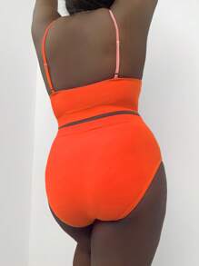 SHEIN Swim Curve 夏季海滩加大码双色比基尼套装无线文胸上衣和高腰比基尼下装两件套泳衣，度假比基尼 - 彩色 - 查看 2