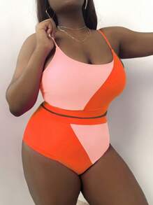 SHEIN Swim Curve 夏季海滩加大码双色比基尼套装无线文胸上衣和高腰比基尼下装两件套泳衣，度假比基尼 - 彩色 - 查看 3