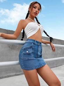 Flap Pocket Denim Skirt - Medium Wash - View 5