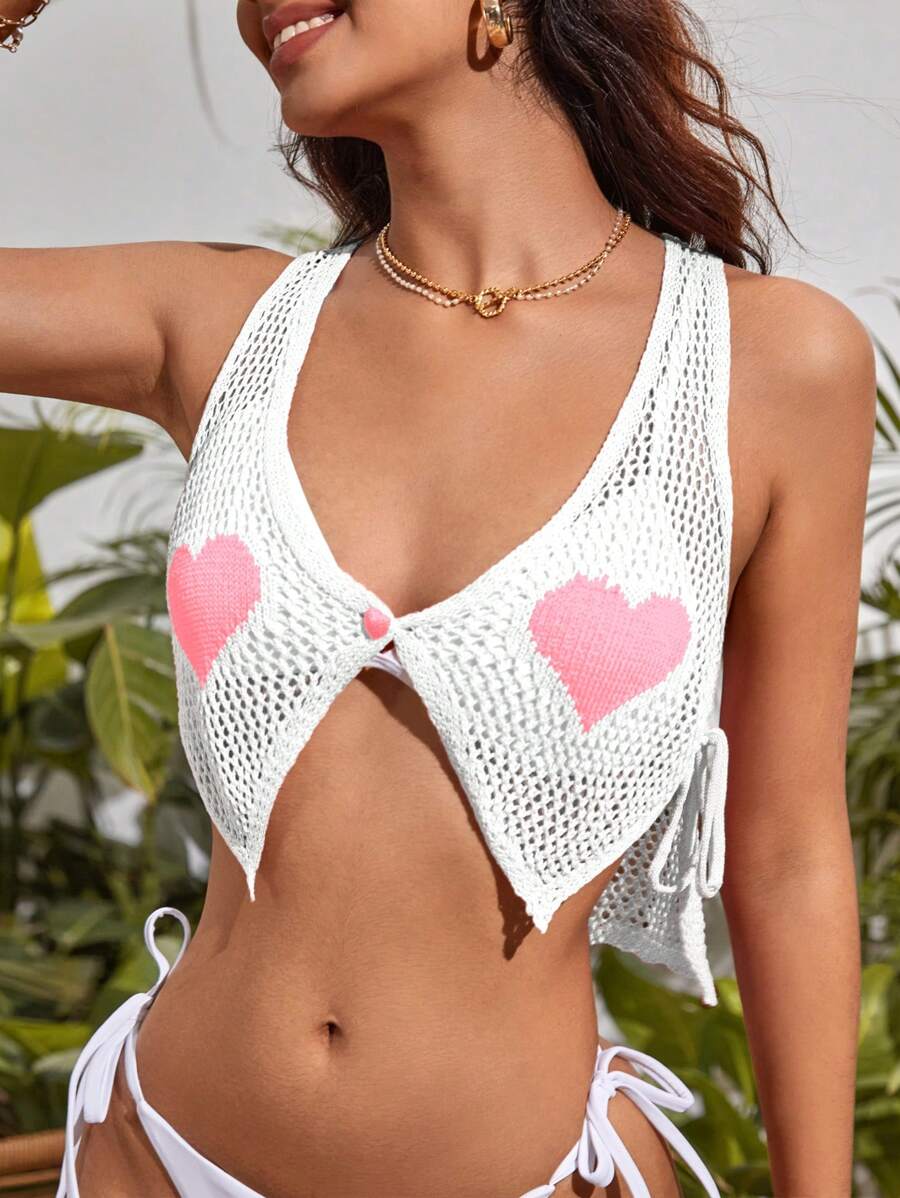 SHEIN Swim Summer Heart Pattern Tie Side Open Knit Kimono - White - View 1