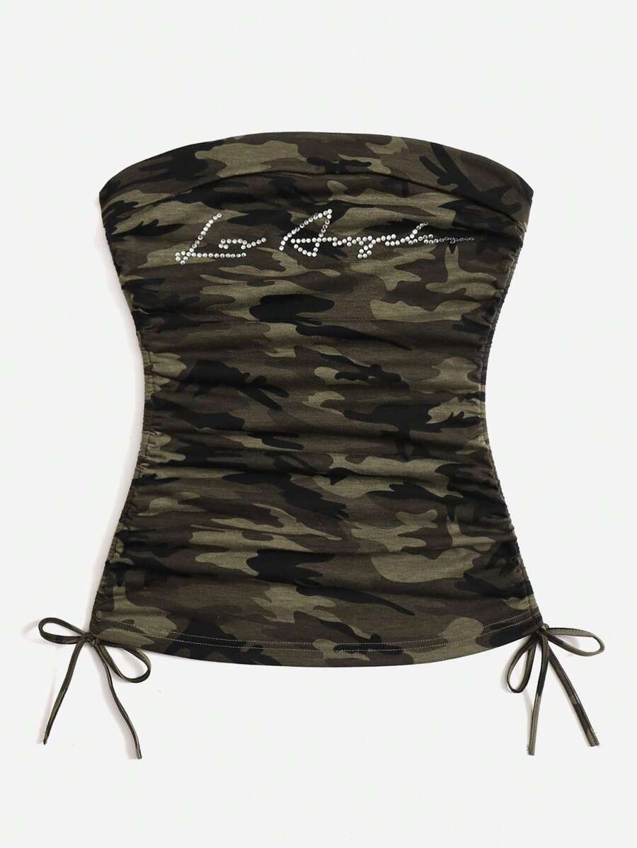 SHEIN EZwear Summer Outfits Western Cowgirl Camo Print Drawstring Side Tube Top - Multicolor - View 1