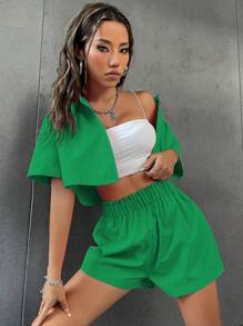 SHEIN Unity Solid Button Front Shirt & Paperbag Waist Shorts - Green - View 3