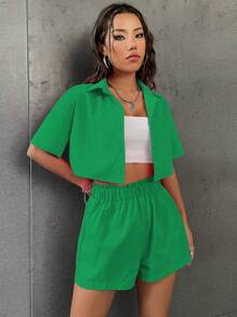 SHEIN Unity Solid Button Front Shirt & Paperbag Waist Shorts - Green - View 4