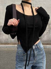 DAZY 纯色不对称下摆短款T恤节日长袖女式上衣 - 黑色 - 查看 1