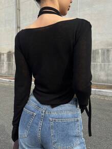 DAZY 纯色不对称下摆短款T恤节日长袖女式上衣 - 黑色 - 查看 2