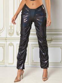 SHEIN BAE Ruched Side PU Leather Pants - Purple - View 1