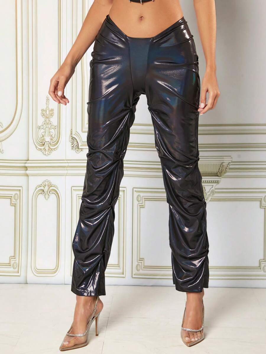 SHEIN BAE Ruched Side PU Leather Pants - Purple - View 1