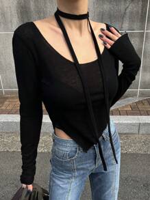 DAZY 纯色不对称下摆短款T恤节日长袖女式上衣 - 黑色 - 查看 8