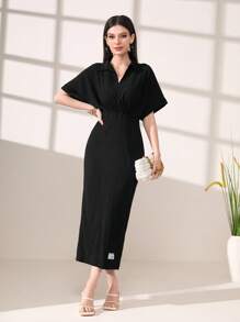 Mulvari Solid Batwing Sleeve Letter Patched Detail Dress