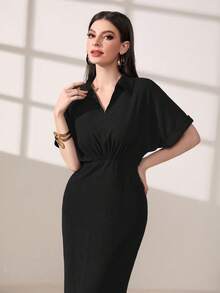 Mulvari Solid Batwing Sleeve Letter Patched Detail Dress