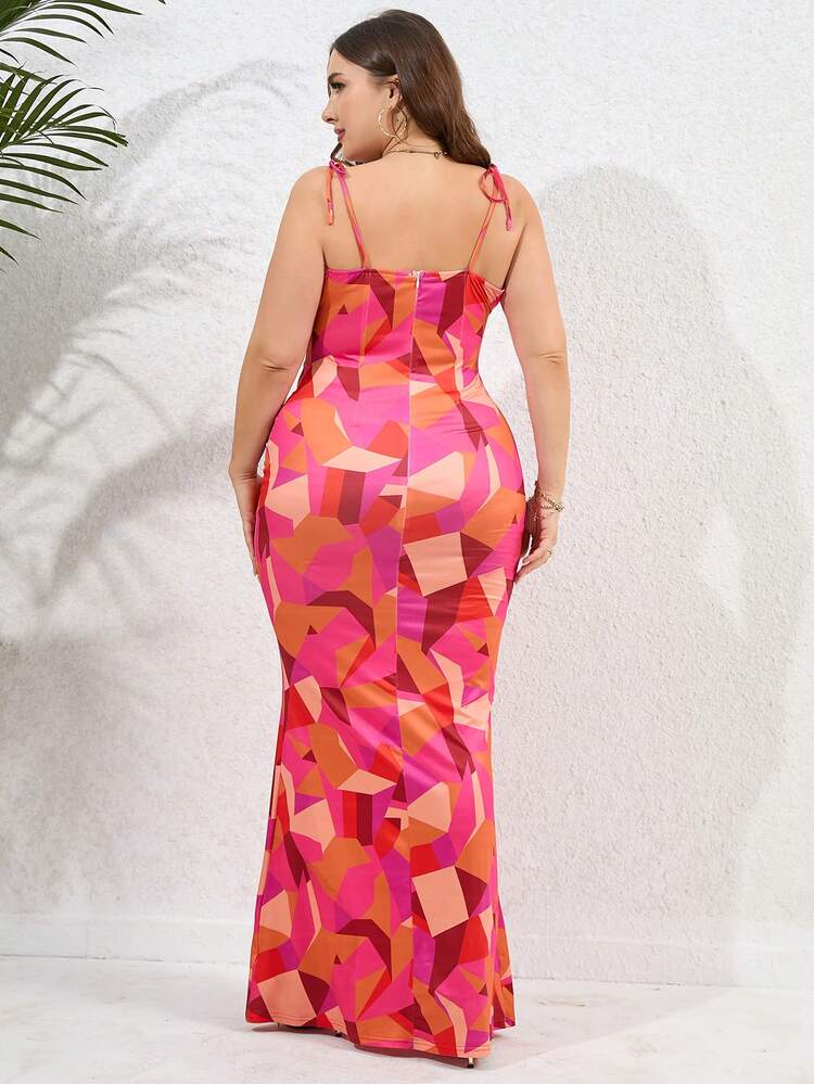 PARTHEA Plus Geo Print Tie Shoulder Mermaid Hem Cami Dress