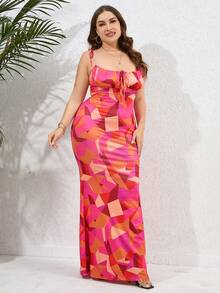 PARTHEA 大碼幾何印花肩上打結魚尾裙下擺吊帶連衣裙 - 紅色 - 查看 6