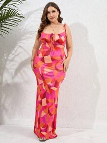 PARTHEA 大碼幾何印花肩上打結魚尾裙下擺吊帶連衣裙 - 紅色 - 查看 7